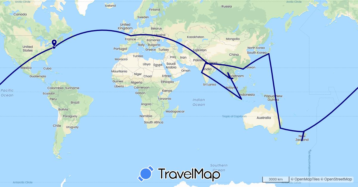 TravelMap itinerary: driving in Australia, China, France, Indonesia, India, Japan, Cambodia, New Zealand, Thailand, United States (Asia, Europe, North America, Oceania)